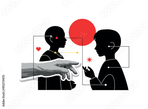 Black and white elderly hand gently touching a young abstract silhouette made of simple geometric shapes, bold red circle anchoring the composition, thin