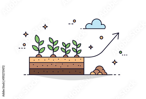 Regenerative agriculture with cover crop systems illustrated by layered soil, thriving green plants, and a subtle upward arrow indicating long term land