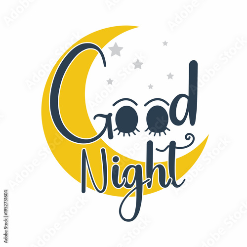  Good night handwritten lettering with yellow crescent moon and stars vector illustration.