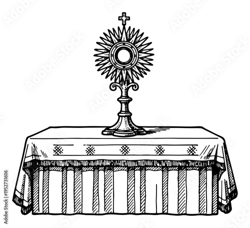 Catholic monstrance for eucharistic adoration placed on an altar with a decorative cloth in classic engraving style