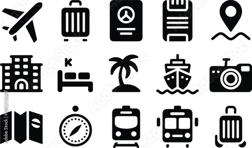 Travel and tourism glyph icons set. journey and vacation solid pictograms