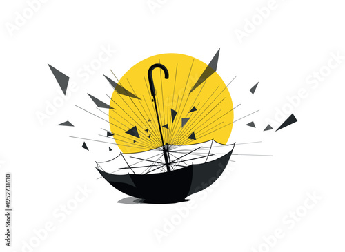 black and white umbrella turned inside out by stormy wind, large yellow circle behind object and charcoal angular shards subtly dispersing outward, thin radial