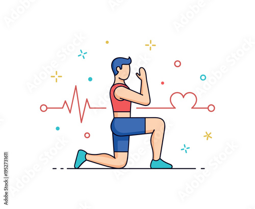 Full body cardio exercise illustration centered on a simplified athlete performing high knees with subtle heartbeat line accent, expressing cardiovascular