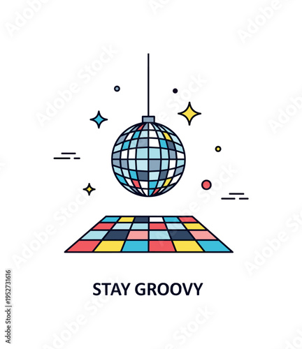 Disco ball retro nightlife symbol featuring a small suspended mirror globe above a simplified dance floor tile pattern, expressing vintage club culture and