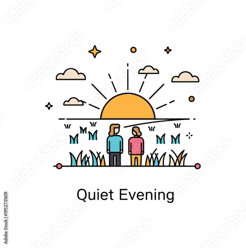 Romantic sunset countryside field scene with two figures standing among minimal grass shapes under a radiant sun dipping below the horizon, expressing calm and