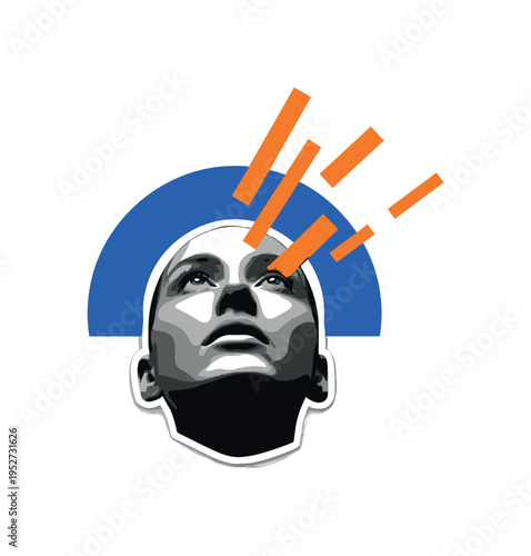 Black and white human face looking upward toward the sky, bold cobalt blue semicircle framing the head, intersecting orange geometric blocks symbolizing light