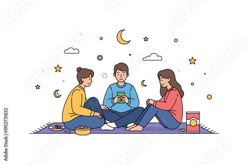 Teen sleepover atmosphere friends sitting on a rug with snacks nearby and subtle moon and star accents overhead. A friendly editorial illustration about