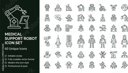 Medical support robot line icon set with healthcare automation service robots and smart hospital technology symbols