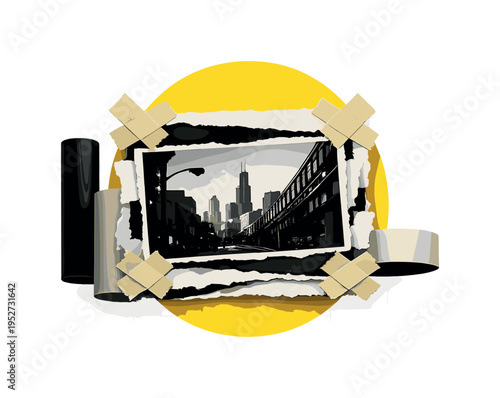 black and white image cropped inside overlapping ripped paper layers, masking tape pieces on each corner in an X formation, bold yellow circular shape behind