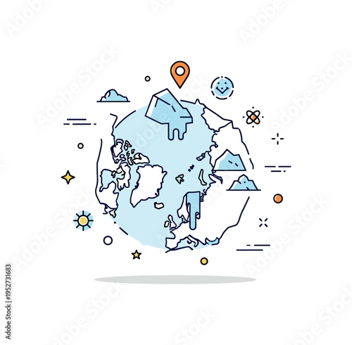 Melting Arctic sea ice concept centered on a simplified map outline of the polar region with fading ice shapes, expressing geographic change and climate