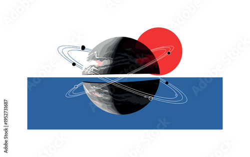 Black and white fragmented planet split into two halves with rings passing through both sections, bold red circle offset behind upper half, blue geometric