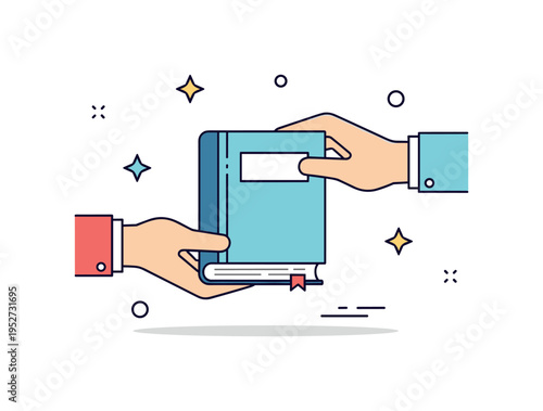 Sharing knowledge concept represented by two hands passing a book between them, expressing education, generosity and exchange of ideas. The clean icon scene