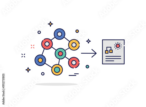 Machine learning prediction neural network nodes connected in a compact cluster with a single arrow pointing toward a projected outcome icon. A concise concept