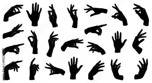 diverse collection of black hand silhouettes showcasing various gestures and poses ideal for design and communication graphics
