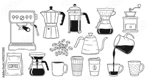 diverse collection of coffee making tools brewing methods and drinkware illustrating the journey from bean to cup.