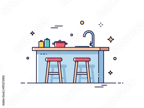 Modern kitchen island feature shown as a central countertop block with two simple stools, symbolizing social cooking space and efficient workflow. The compact