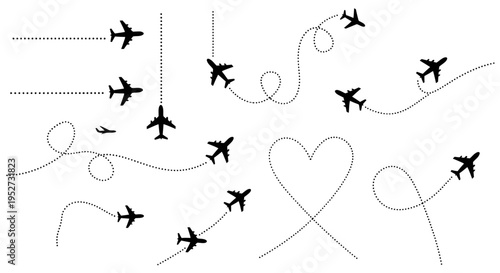 dotted airplane flight paths vector illustration with black plane silhouettes depicting travel routes journeys and destinations