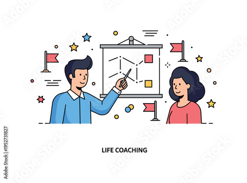 Life coaching conversation centered on a mentor pointing to a simple roadmap board while a client listens attentively, symbolizing direction, support, and goal
