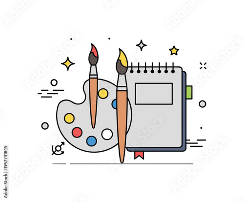 Creative study tools paintbrush, palette and sketchbook combined into a harmonious composition, conveying artistic education and imaginative expression.