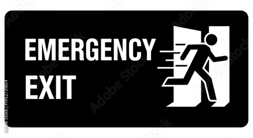 emergency exit sign in black and white showing a running person escaping through an open door indicating safety and evacuation.