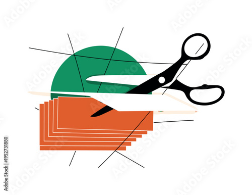 Black and white scissors cutting paper for an art print, large emerald green circle partially cropped behind, burnt orange rectangular shapes layered like