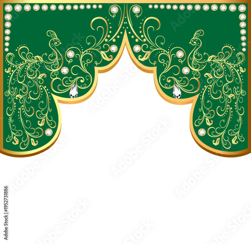An exquisite green background with golden patterns of peacocks and precious stones for a luxurious design with space for text