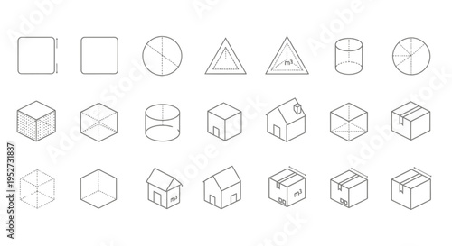 geometric 3d shapes and architectural icons illustrating volume dimensions and measurement concepts ideal for technical design and logistics graphics