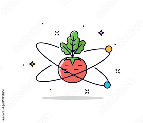 Ingredient focused cuisine magnified view of a single highlighted vegetable with two subtle accent elements orbiting around it, representing flavor depth