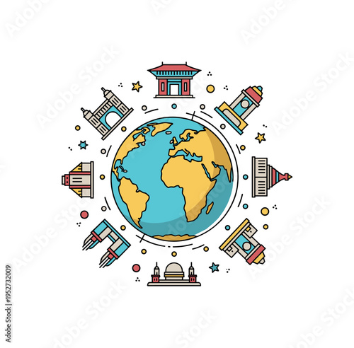Cultural connections in history globe surrounded by small landmark icons arranged in a circular pattern. A balanced editorial illustration about understanding