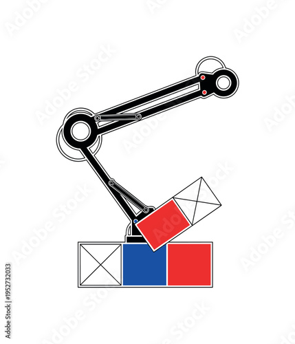 A monochrome side view of a microphone stand with adjustable arm extended diagonally, abstract circular nodes at connection points, geometric blocks layered