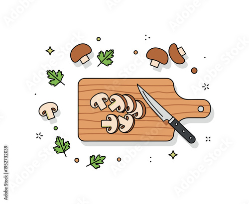 Chopping fresh mushrooms for soup showing a wooden board with neatly sliced mushrooms, a small knife, and scattered parsley leaves suggesting freshness and