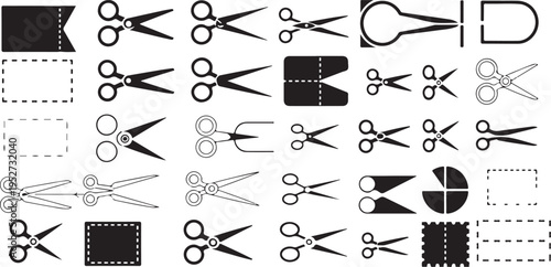 Coupon cutting icons with scissors and dashed lines for retail sales