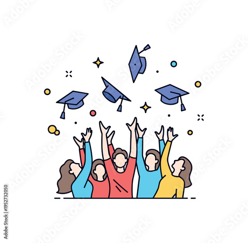 Graduation celebration concept featuring a small group tossing caps into the air with subtle sparkle accents, symbolizing accomplishment and new beginnings.