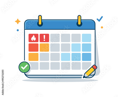 Crisis normalization depicted through a calendar page where highlighted emergency days soften into regular schedule blocks. The mood emphasizes continuity,