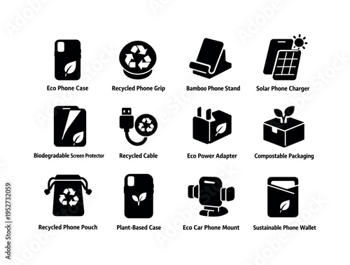 Sustainable Mobile Accessories. Solid icon set of Sustainable Mobile Accessories: eco phone case, recycled phone grip, bamboo phone stand, solar phone charger,