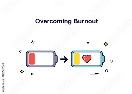 Overcoming burnout concept represented by a dimmed battery icon gradually transforming into a fully charged symbol with a small heart inside, communicating