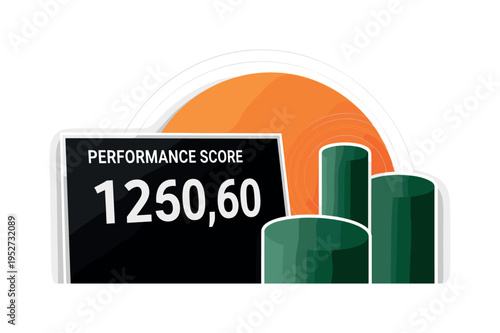 Black and white large numeric performance score displayed prominently on a board, bright orange semicircle and dark green cylindrical forms layered behind,