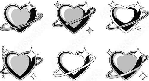 Set of heart shapes with glowing star and orbiting rings, love symbol