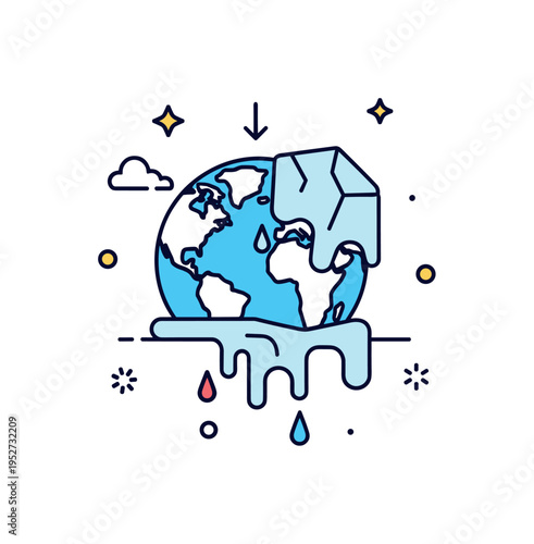 Climate warming impact concept with a globe icon partially covered by melting ice, symbolizing planetary scale change and environmental imbalance. Small