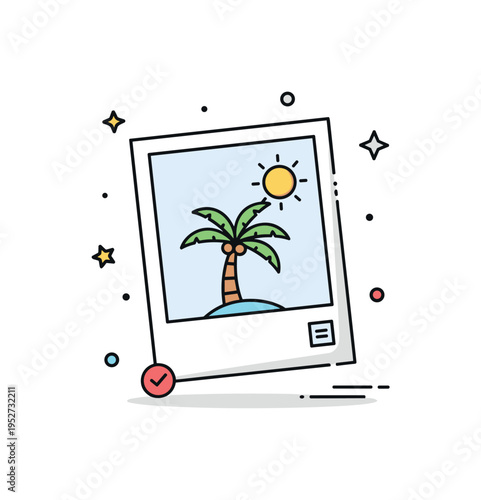 Travel snapshot moment polaroid style frame featuring a small palm tree and sun icon centered inside. A cheerful visual metaphor about capturing adventures and
