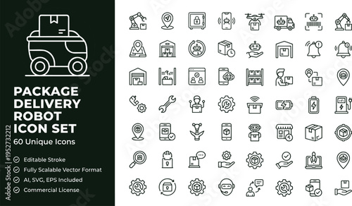 Package delivery robot line icon set with autonomous courier vehicles smart logistics and shipping technology symbols