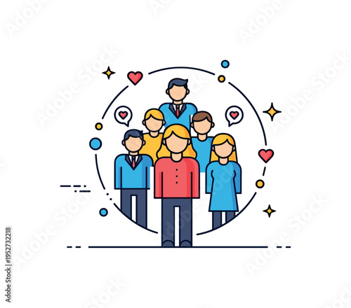 Positive company culture illustration showing a group of simplified employees standing within a soft circular frame with small heart accents, symbolizing