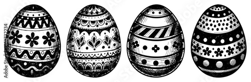 Decorated Easter eggs with ornate patterns and floral details in vintage engraving style