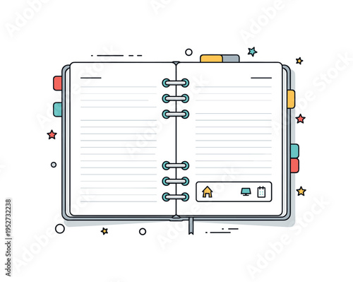 Notebook open spread illustrated with visible center binding and faint line accents across both pages, expressing organization and thoughtful planning. The