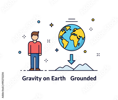 Gravity on Earth example showing a person standing firmly on the ground with a clear downward force arrow beneath. Minimal landscape line and a ?Grounded? text