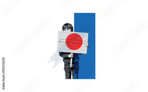 Black and white child holding a handmade charity sign, bold blue vertical stripe dividing composition, red circular accent overlapping the sign center, thin