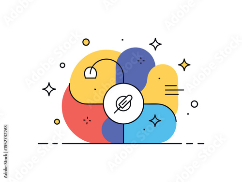 Bright abstract shapes forming a small compact composition with soft rounded edges and playful accents, evoking joy, creativity, and contemporary style.