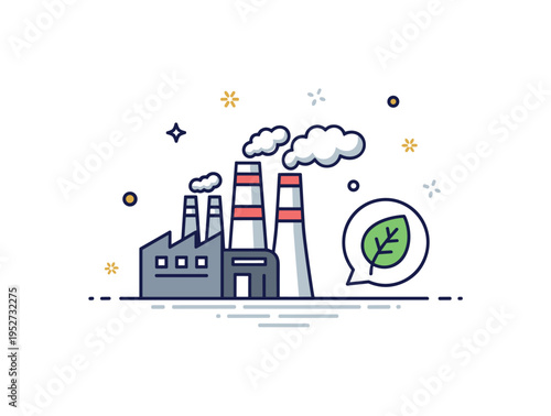 Industrial emission awareness concept featuring a power plant silhouette with visible smoke stacks paired with a small leaf icon symbolizing environmental