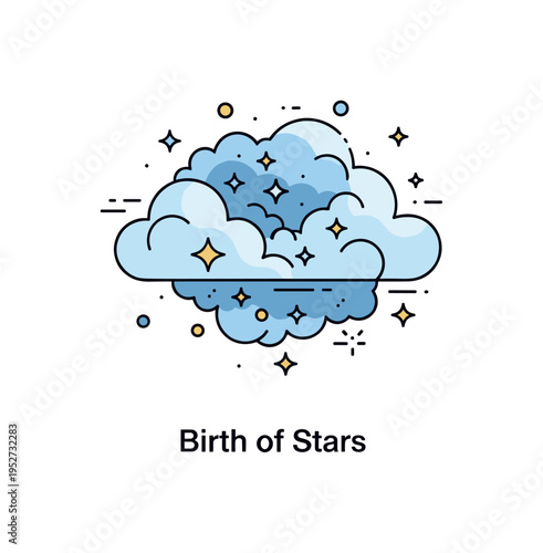 Interstellar clouds star forming region concept featuring a rounded nebula cluster with tiny spark like stars emerging from within, symbolizing cosmic creation