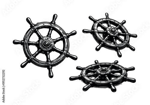 Metal ship wheel. A metal ship wheel depicted as one isolated object in three different angles focusing on rigid spokes, heavy hub, and industrial nautical
